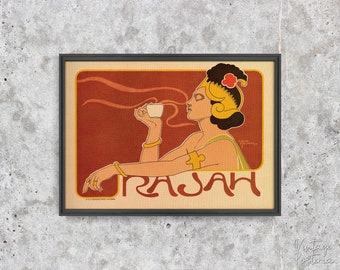 Rajah, retroposter, vrouw en koffie, rood en beige, kunst aan de muur, reproductie, retrostijl, woondecoratie #2081