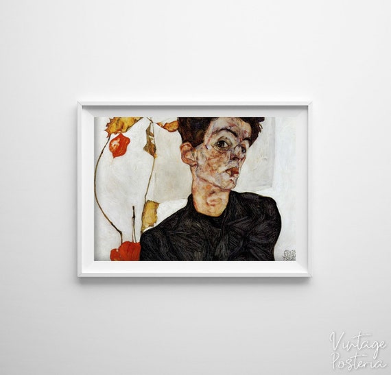 Self Portrait With Physalis Egon Schiele Print Retro Poster, Retro