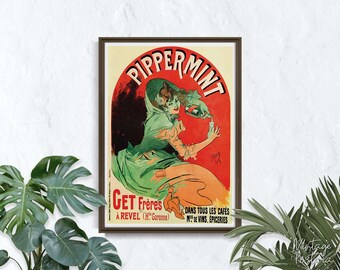 Pipermunt, retroposter, vrouw en drankje, rood en beige, iconisch, wanddecoratie, retrostijl, woondecoratie, cadeau-idee #2097