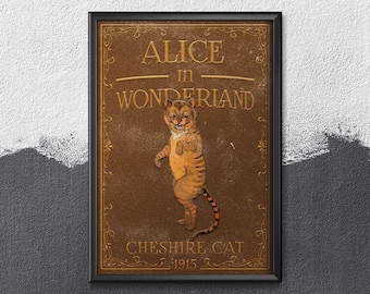 Cheshire Cat 1915 Alice In Wonderland Poster, Brown Bedroom Decor, Yellow Kids Room Decoration, Retro Movie, Gift For Her #2408