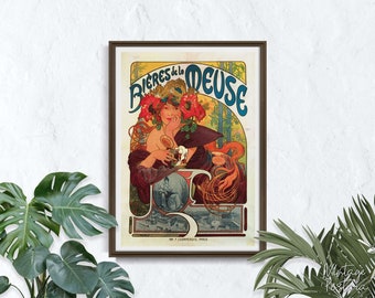 Bieres de la Meuse, retroposter, vrouw en drinken, rood en wit, muur hangen, beeldende kunst, cadeau-idee #2082