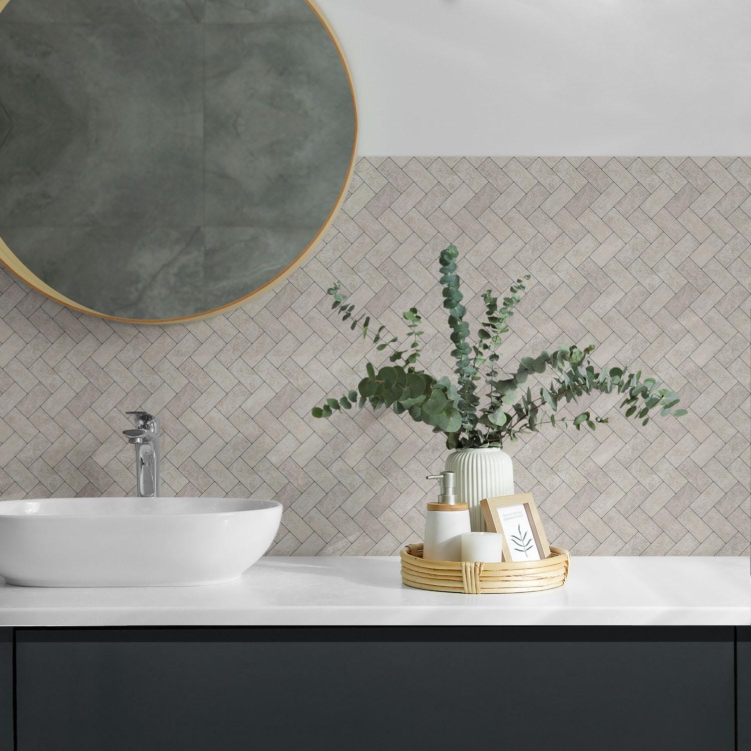 Herringbone Pattern PVC Floor Tiles, Creamy Tile Stickers, Peel and ...