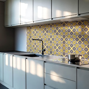 Floral Pattern In Rhombuses Tile Stickers, Yellow Peel and Stick Tiles, Tile Stickers, Texture PVC Floor Tiles, Floor Tile Stickers