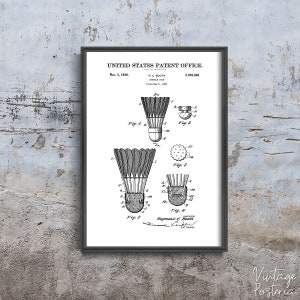 Póster retro con patente de pájaro en cabina de bádminton de Estados Unidos, tapices estéticos, dibujo de patente, impresión de lápiz para pared n.° 1025