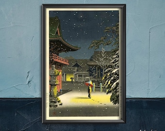 Schnee bei Nezu Schrein Tsuchiya Koitsu Ukiyoe Retro Plakat, moderner Druck, Tsuchiya Koitsu, japanische Künstler #529