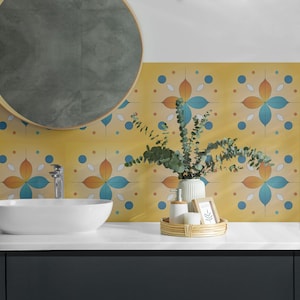 Geometric Floral Pattern Tile Stickers, Yellow Peel and Stick Tiles, Tile Stickers, Texture PVC Floor Tiles, Floor Tile Stickers