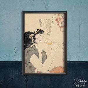 Woman Drinking Wine Kitagawa Utamaro Japanese Ukiyo-e Retro Poster, Retro Wall Art, Tsuchiya Koitsu, Gift Idea #470