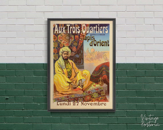 Aux Trois Quartiers, Tapis D'orient, Retro Poster, Man and Carpets, Beige  and Yellow, Home Decor, Old World, Art Print 2101 