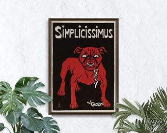 Simplicissimus, Retro Poster, Dog and Typography, Black and Red, Wall Hanging, Fine Art, Gift Idea #2077