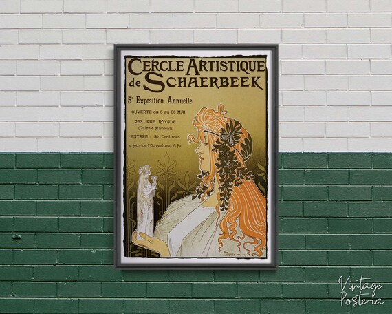 Cercle Artistique de Schaerbeek Exposition, Retro Poster, Woman and Figure, Green and Orange, Iconic, Wall Decor, Retro Style #2079