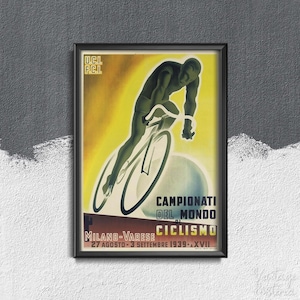 May include: A vintage poster advertising the 1939 World Cycling Championships in Milan and Varese, Italy. The poster features a cyclist in a yellow and blue jersey riding a bicycle with the text "Campionati del Mondo di Ciclismo" and "27 Agosto - 3 Settembre 1939 - XVII".