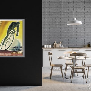 May include: Vintage poster advertising the 1935 World Cycling Championships in Milan, Italy. The poster features a cyclist in motion against a yellow background with the text "Campionati del Mondo Ciclismo Milano-Varese 27 Agosto-3 Settembre 1935-XVII."