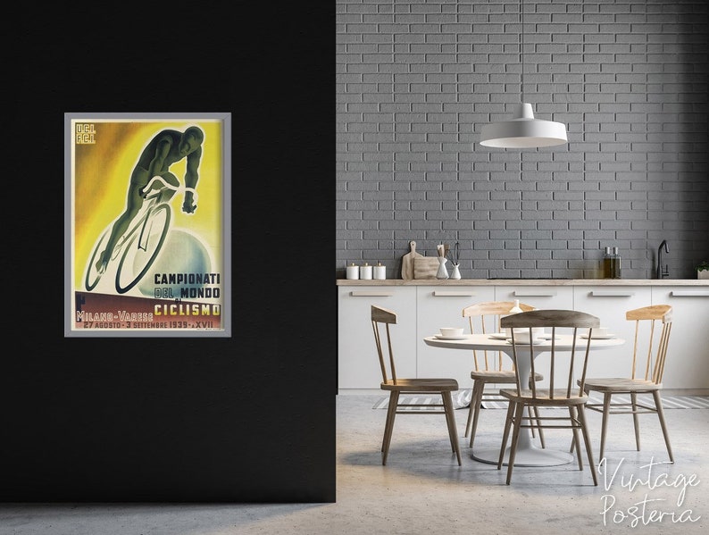 May include: Vintage poster advertising the 1935 World Cycling Championships in Milan, Italy. The poster features a cyclist in motion against a yellow background with the text "Campionati del Mondo Ciclismo Milano-Varese 27 Agosto-3 Settembre 1935-XVII."
