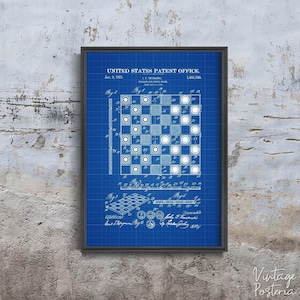 Póster retro de patente Truskoski con tablero de ajedrez y damas, impresión ilustrada, impresiones de patentes deportivas, boceto para colgar en la pared n.° 1001