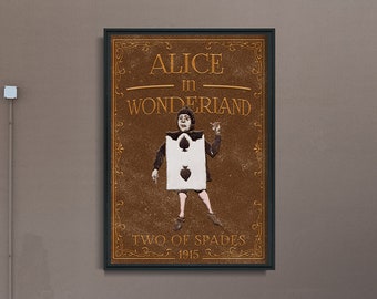 May include: A vintage poster for the 1915 film "Alice in Wonderland". The poster features a brown background with gold accents and a character dressed as the Two of Spades card.