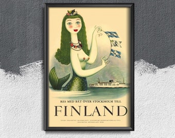 Finland Mermaid Travel Poster Retro Poster, Wall Decor, Travel Print, Holiday Wall Print #354