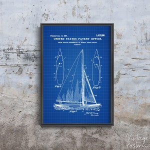 Póster retro de patente de velero de Estados Unidos de Herreshoff, patrón retro, patente automotriz, boceto para decoración de pared n.° 968