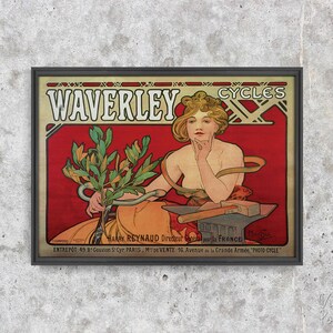 Waverley Cycles, Retro Poster, Woman and Bicycle, Red and Beige, Wall Hanging, Fine Art, Gift Idea #2095