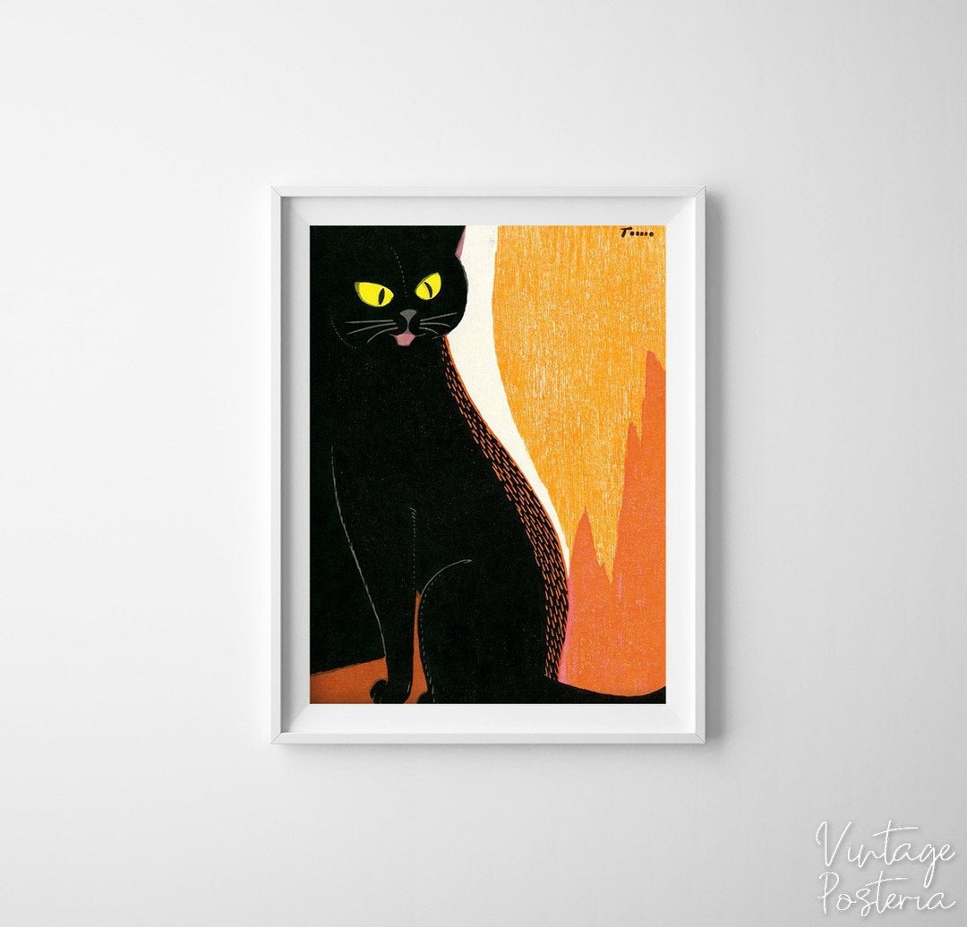 Japanese Art Print Black Cat by Tomoo Inagaki Retro Poster, Retro Wall ...