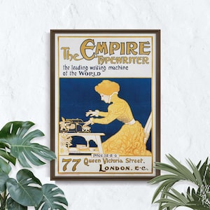 Póster retro de la máquina de escribir Empire, mujer y máquina de escribir, blanco y azul, icónico, decoración de pared, estilo retro n.° 2075