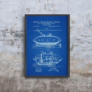 Póster retro con patente de submarino, lago, Estados Unidos, diseño retro, impresiones de patentes de juegos, boceto para decoración de pared n.° 986