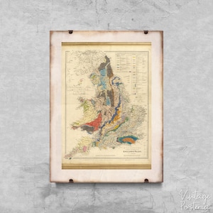 Oude kaart van Engeland - spoorwegen geologie retro poster, schilderij print, landkaart, continenten #95