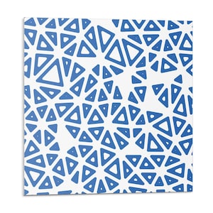 May include: A white background with a repeating pattern of blue triangles. The triangles are arranged in a circular pattern, creating a geometric design.