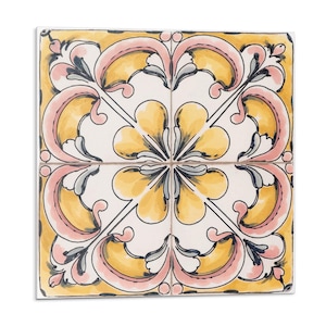 Floral Ceramic Pattern PVC Floor Tiles, Yellow Tile Stickers, Peel and Stick Tiles, Texture Tile Stickers, Floor Tile Stickers