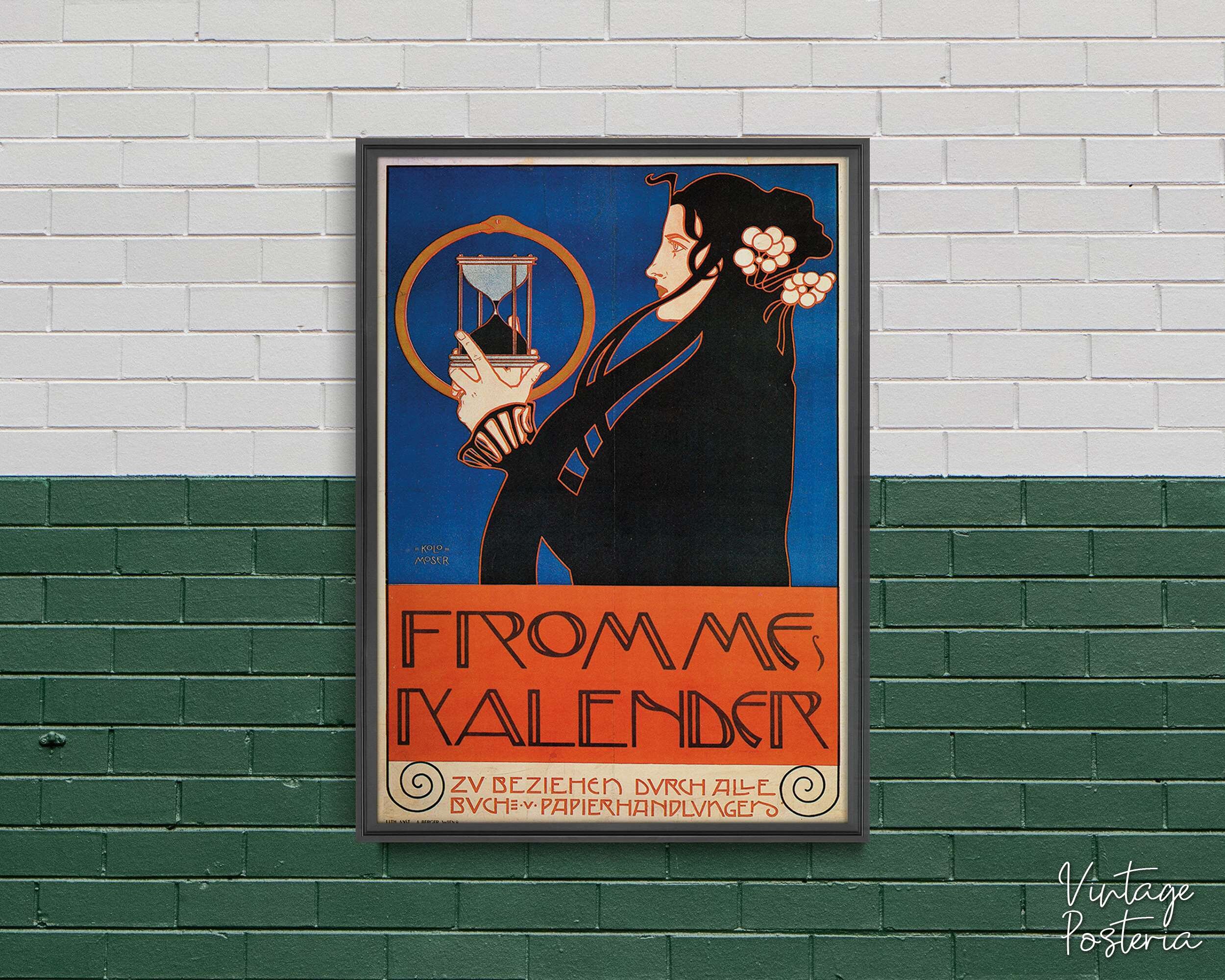 Fromme's Kalender II, Retro Poster, Frau und Zeit, Blau und Rot, Reproduktion, Retro Style #2099