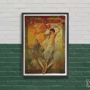 Pneu Michelin advertising for Michelin Tires, Retro Poster, Woman and Tire, Green and Yellow, Wall Hanging, Fine Art, Gift Idea #2113