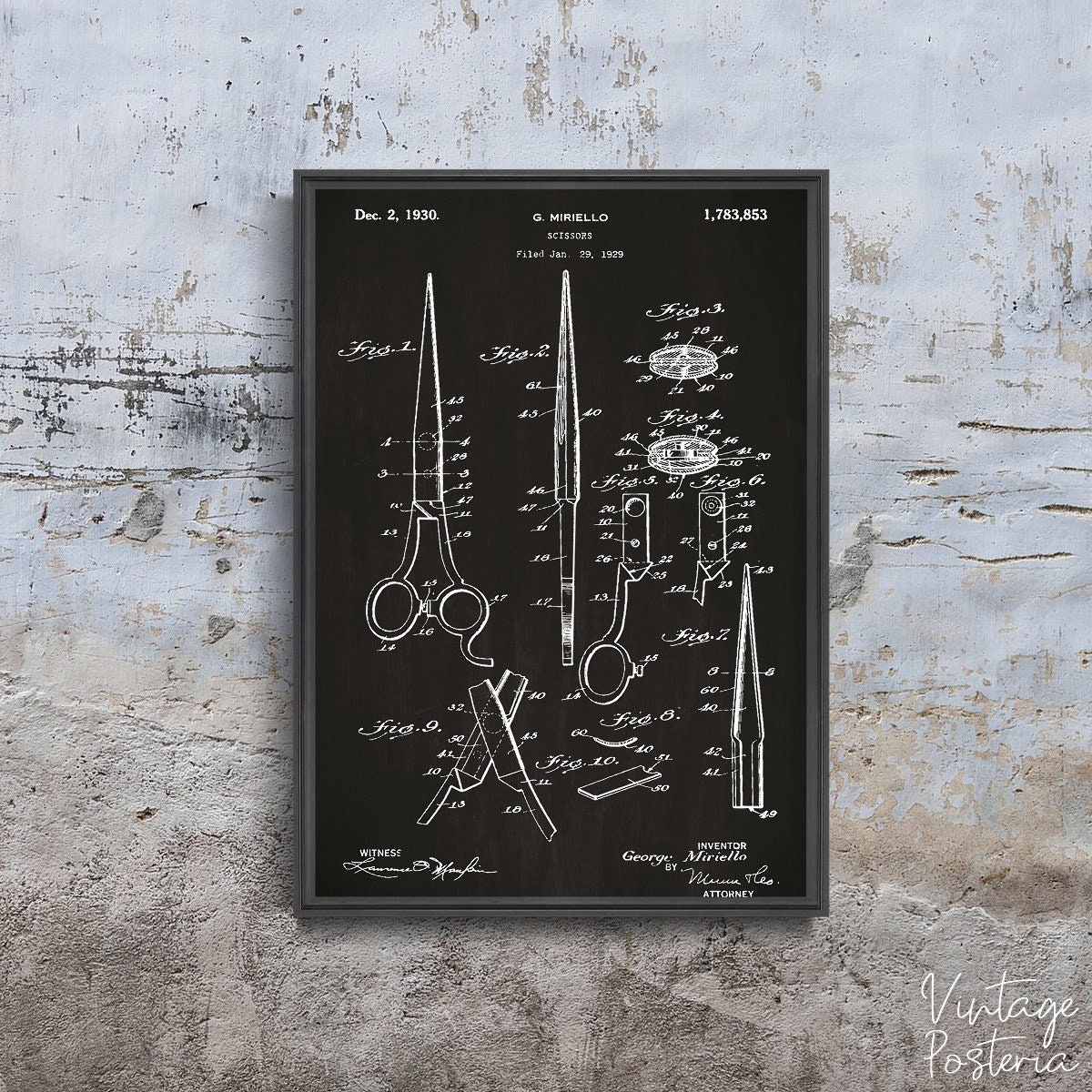 Póster retro de Mirtello con patente de tijeras, arte de pared retro, patente de aviones, impresión de pared con lápiz n.° 1043