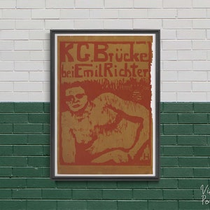 Die Brucke exhibition, Retro Poster, Human and Lying, Beige and Red, Wall Hanging, Fine Art, Gift Idea #2122