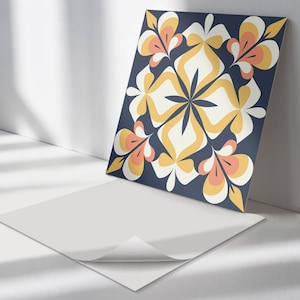 Geometric Floral Pattern Tile Stickers, Yellow Peel and Stick Tiles, Tile Stickers, Texture PVC Floor Tiles, Floor Tile Stickers