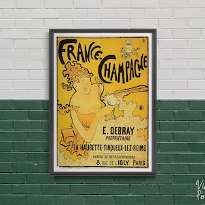France Champagne, Retro Poster, Woman and Champagne, Yellow and Black, Wall Hanging, Fine Art, Gift Idea #2010