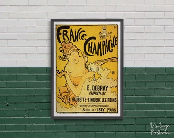 Francia Champagne, Poster retrò, Donna e champagne, Giallo e nero, Arazzo da parete, Belle arti, Idea regalo #2010