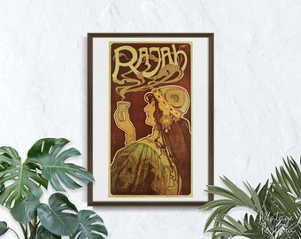 Rajah, Retro Poster, Woman and Smoke, Brown and Green, Wall Hanging, Fine Art, Gift Idea, Home Decor, Retro Style #2190