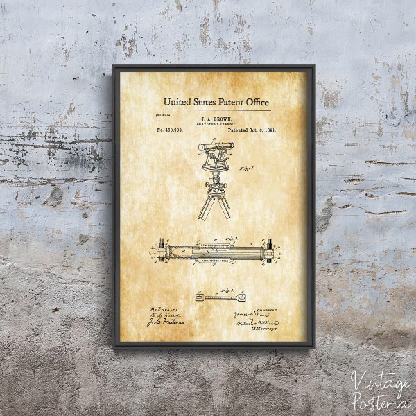 Surveyor's Transit Brown United States Patent Retro Poster, Retro Wall Decoration, Patent, Patents Wall Decor #991