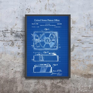 Póster retro con patente de Estados Unidos similar a un tocadiscos, impresión autoadhesiva, patente, boceto para decoración de pared n.° 1048