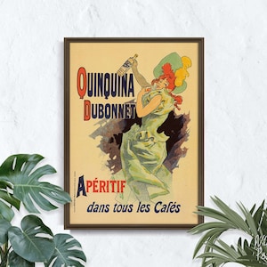 Quinquina Dubonnet Aperitif, Retro Poster, Woman and Bottle, Beige and Green, Wall Hanging, Fine Art, Gift Idea #2037