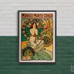 Monaco Monte Carlo, Poster retrò, Donna e fiori, Verde e arancione, Arte murale, Riproduzione, Stile retrò #2085