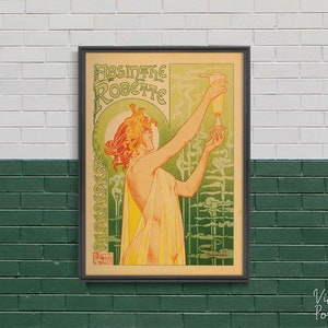 Absinthe Robette, Retro Poster, Woman and Drink, Yellow and Green, Wall Hanging, Fine Art, Gift Idea #2059