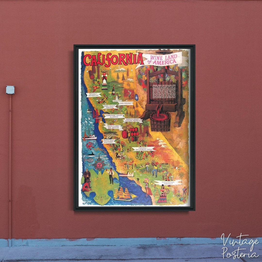 California Wine Map Print Retro Poster, Modern Wall Decor, Food ...