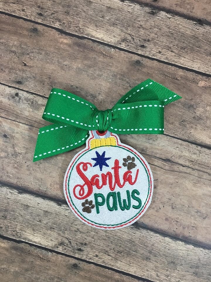 Santa Paws Tree Ornament Hang Tag ITH Machine Embroidery Designs Digital File - Machine Embroidery - Ornaments - Pet - Christmas - Designs