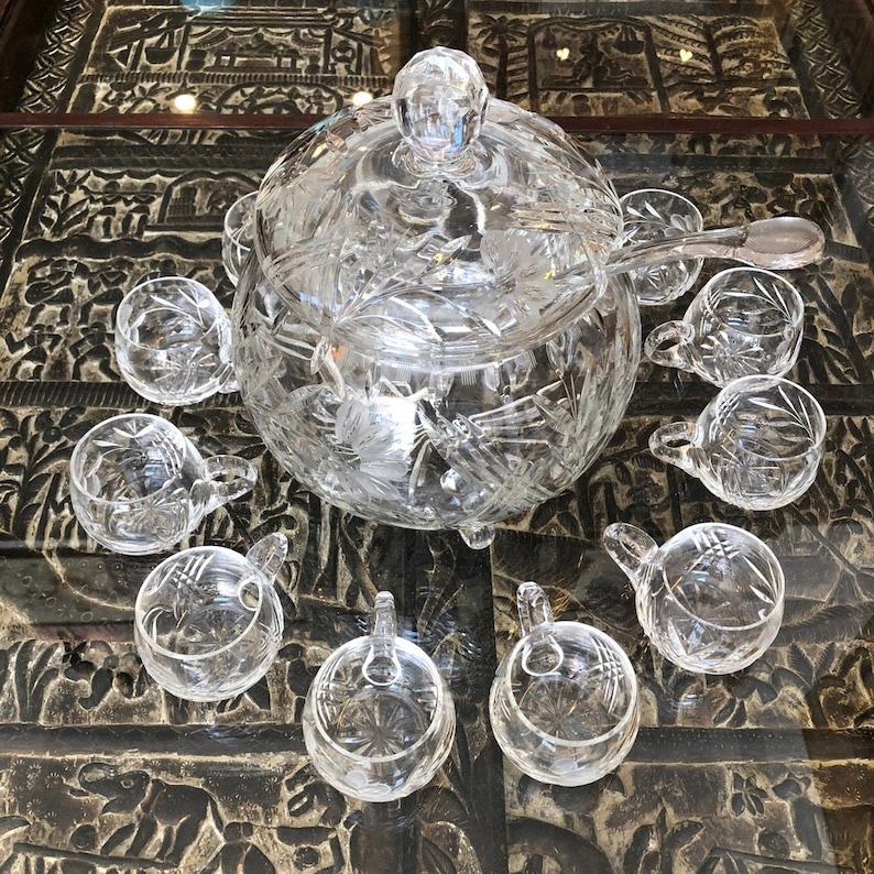 12pc Vintage Cut Crystal Intaglio Punch Bowl and lid Etsy