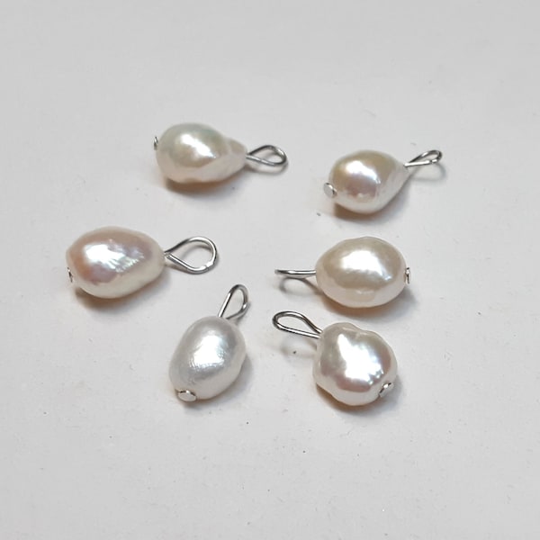 8-9mm Natural Baroque Pearl Charms Drop Pendant. Made with Natural Freshwater Pearl and Silver Color Wire  2pcs PX005