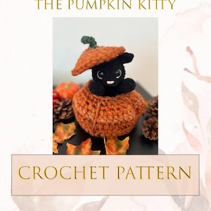May include: Crochet pattern for a black cat in a pumpkin costume. The cat is peeking out of the top of the pumpkin, which is orange and brown. The pattern is called "Trixy the Pumpkin Kitty".