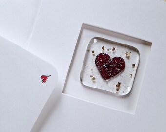 Greetings card, heart, fused glass keepsake, blank inside, pocket heart, envelope, handmade, kilnformed, free delivery