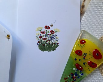 Greetings card, small plant stake, fused glass, handmade, handpainted, poppies, gift bag, gift, birthday, housewarming, blank card, envelope