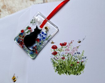 Greetings card, fused glass, keepsake, blank inside,black cat,bee, summer meadow, handmade,kilnformed, birthday,white envelope,free delivery