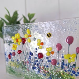 Fused glass, tealight holder, Spring, daffodils, tulips, bee, handpainted,  handmade, kilnformed, gift, birthday, housewarming, anniversary